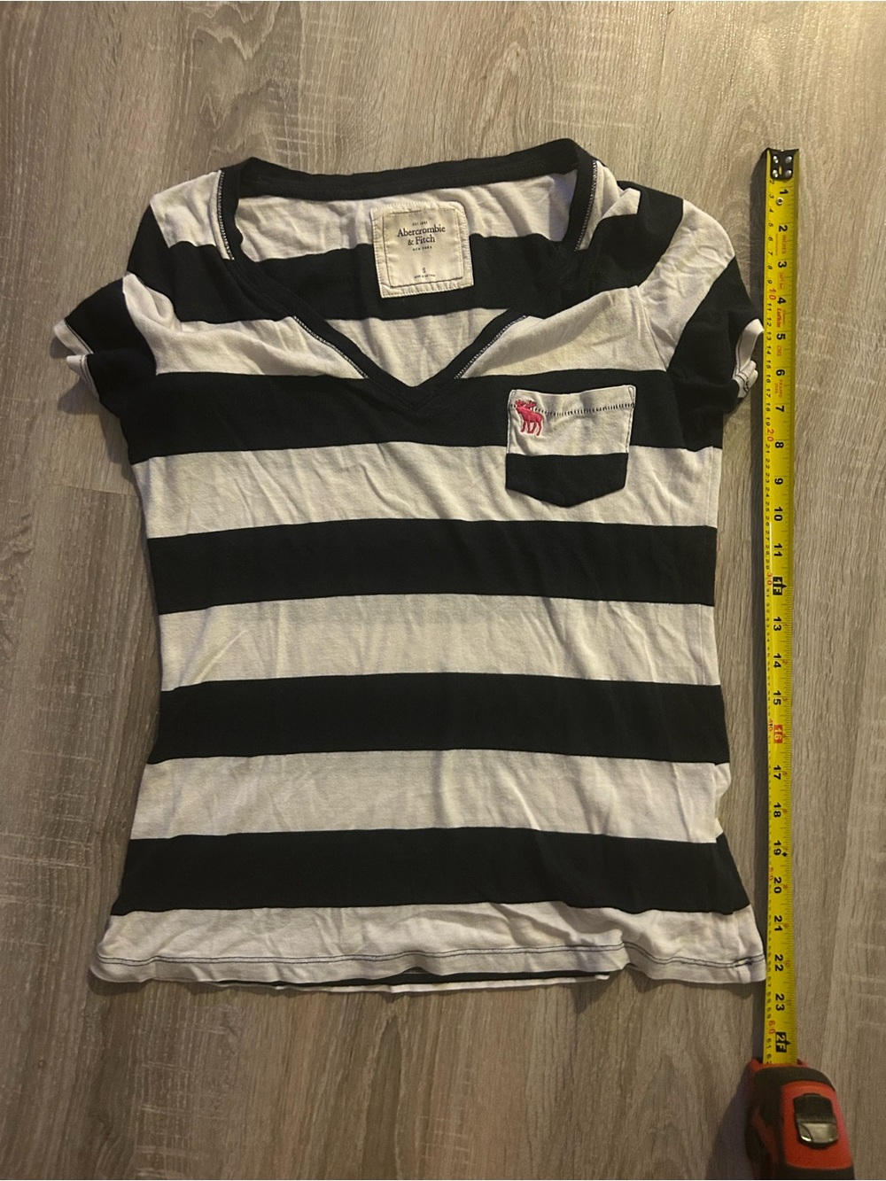 Abercrombie & Fitch Navy & White Striped V-Neck Pocket Tee